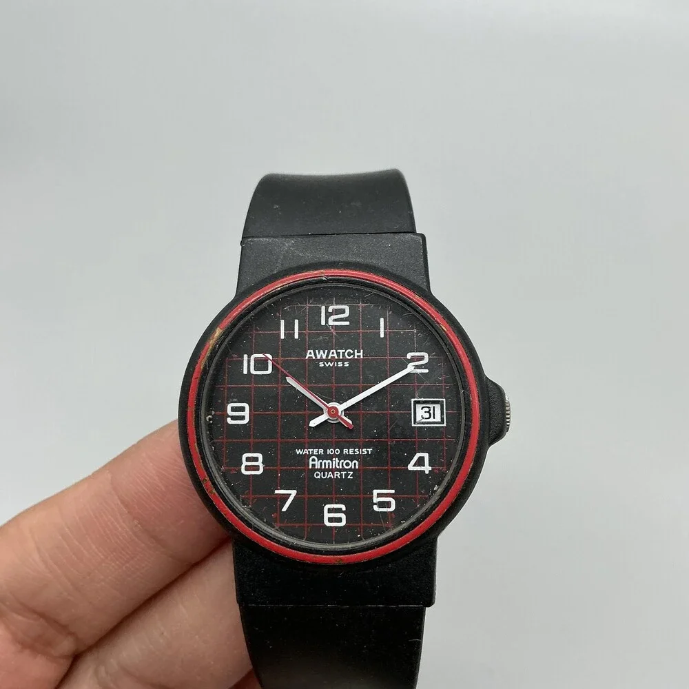 Armitron Awatch Mens Watch 34mm Black Dial Red Bezel Swiss 450.111 New Battery